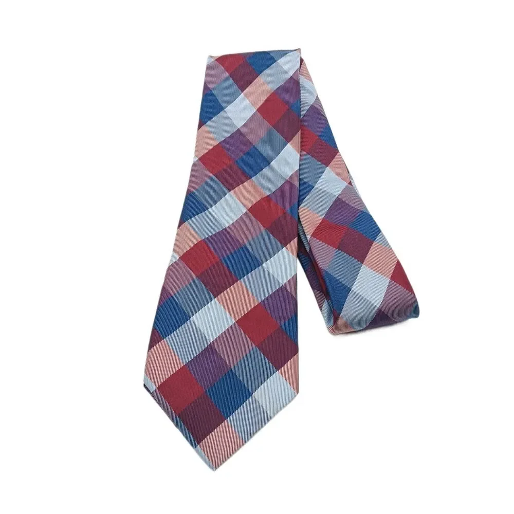 Tommy Hilfiger Silk Tie Mens 61.5” Red Blue Plaid Gingham Designer Classic New